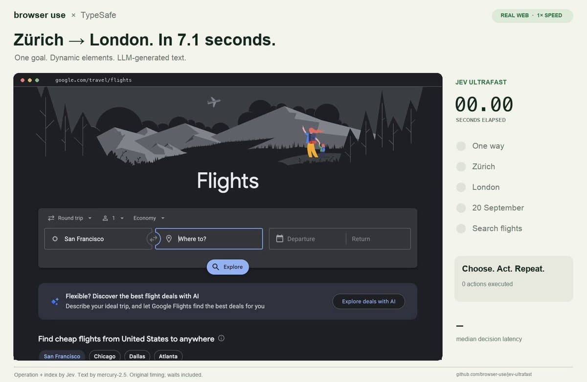 Still from Gregor Zunic's demonstration: A browser agent booking a flight