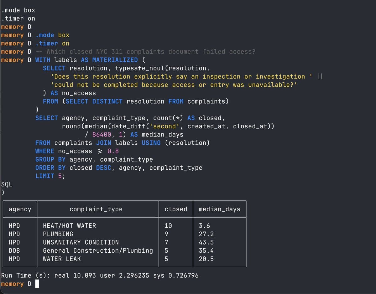 Still from Hamilton Ulmer's demonstration: A DuckDB extension that classifies rows