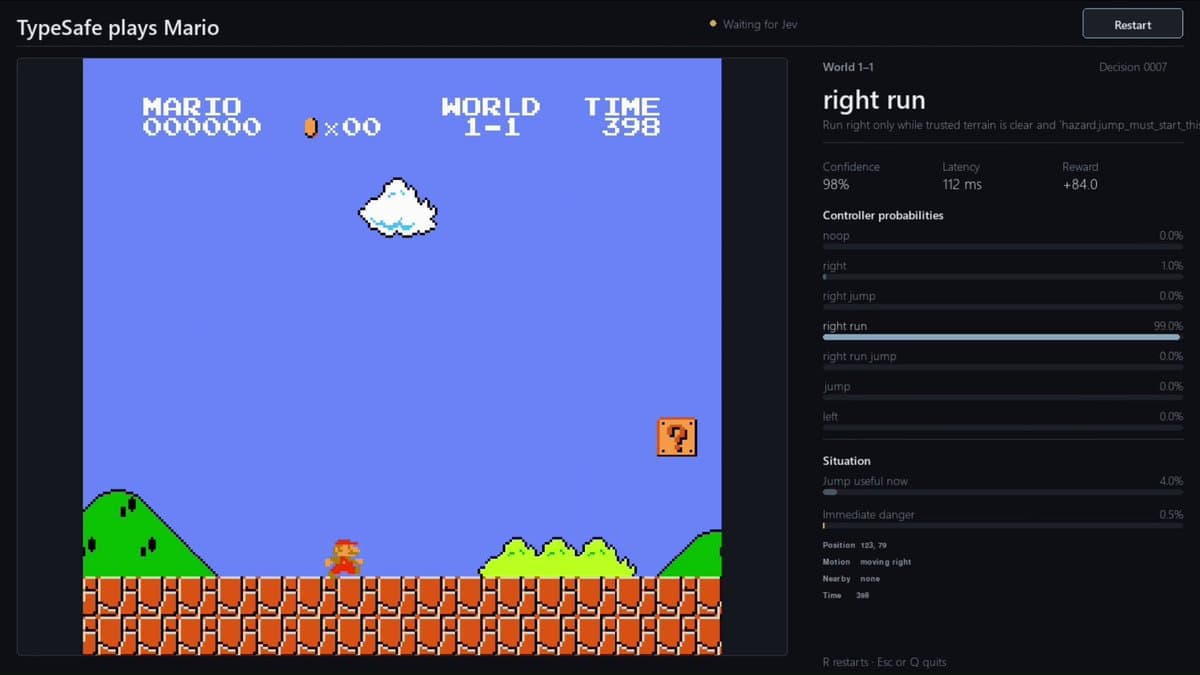 Still from Faadil Shaik's demonstration: Super Mario Bros played from emulator state
